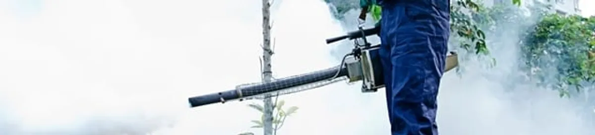 Pest control technician fogging an outdoor area for insect control in Sarasota, FL