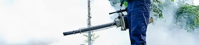 Pest control technician fogging an outdoor area for insect control in Sarasota, FL